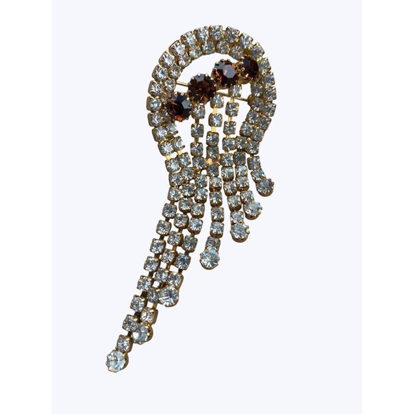 Rhinestone Brooch With Cascading Clear and Amber Crystals Vintage - Picture 2 of 16